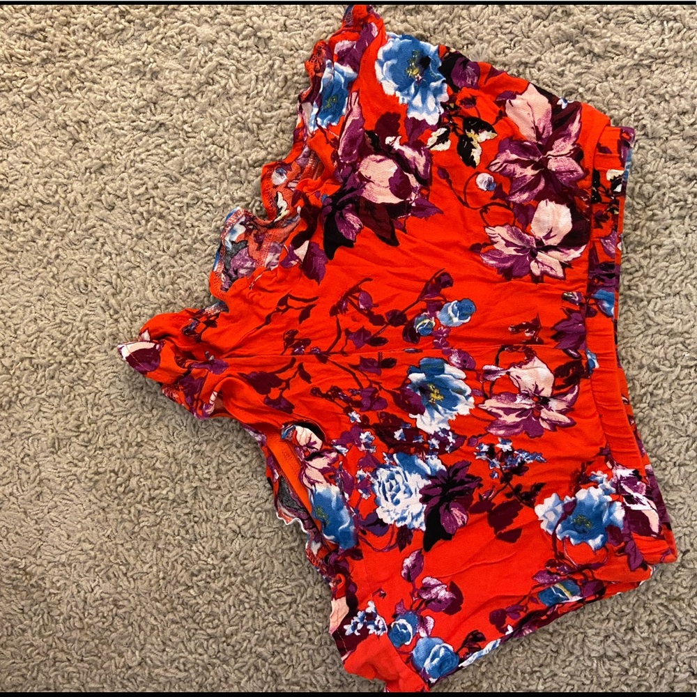 Red floral flowy shorts with elastic waistband
